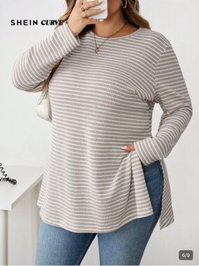 SHEIN Beige & White Striped Long Sleeve Curvy Knit Top